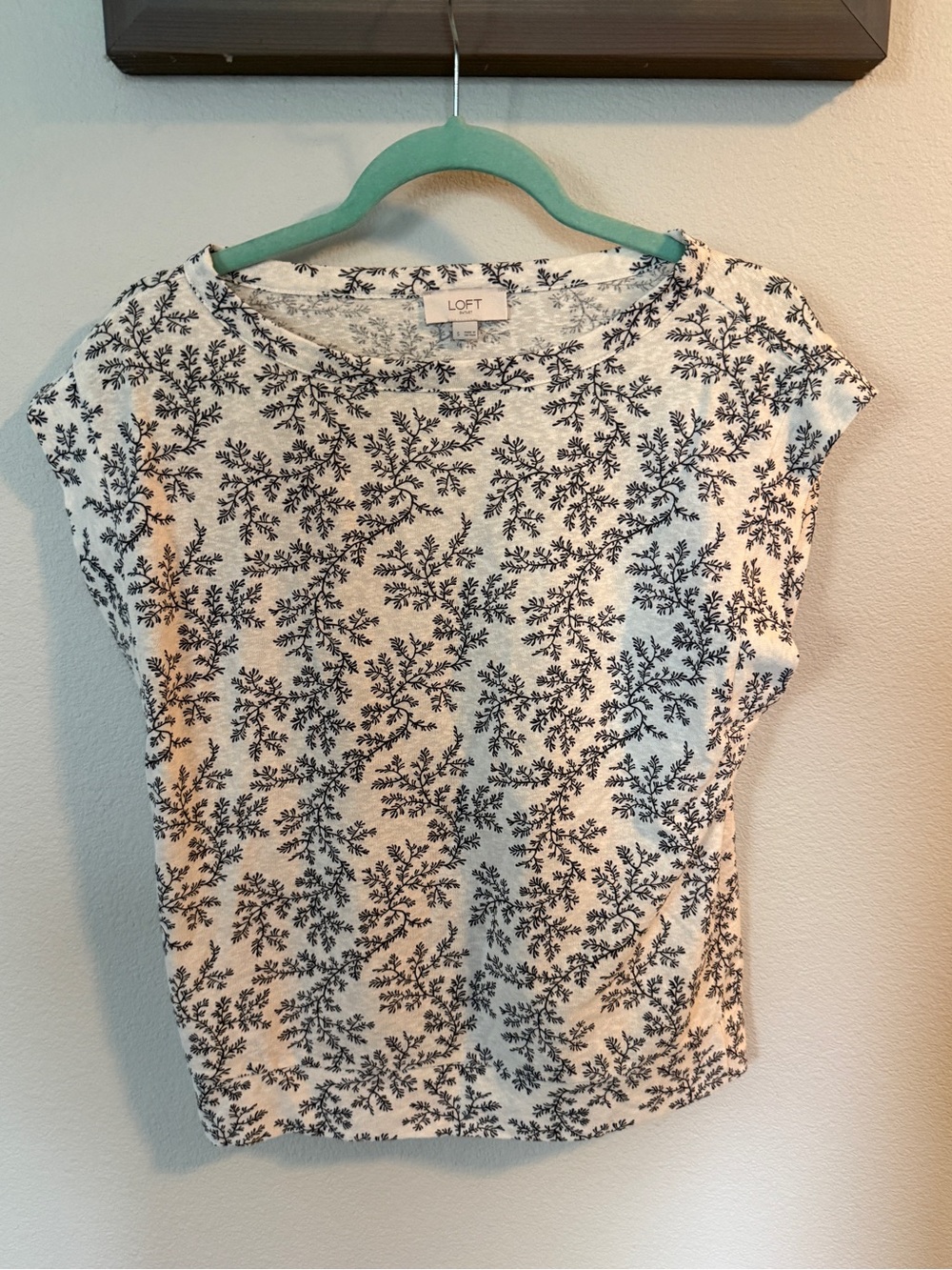 LOFT Cream Top with Black Floral Print Short Sleeve